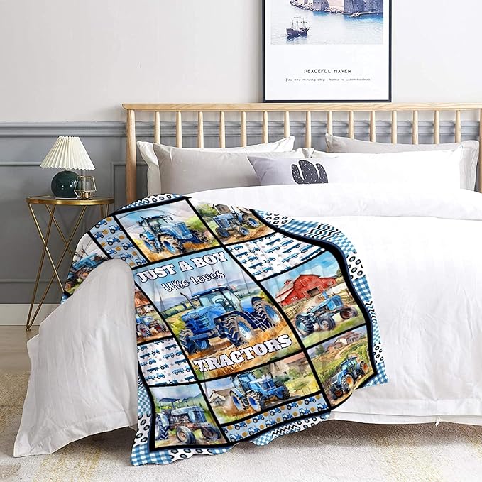 Tractor Blanket Farm Harvester Blankets,Just A Boy Who Loves Tractors Flannel Blanket Gifts for Girls Boys,Soft Warm Lightweight Blanket for Room Decor, 60"x80"for Adults