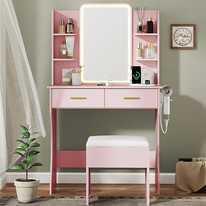 Small Vanity Desk with Mirror and Lights, Makeup Vanity Table Set with 3 Lighting Modes & Adjustable Brightness, Power Outlet, Storage Drawers, Cushioned Stool, Dressing Table for Women Girls
