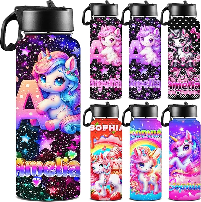 M YESCUSTOM Personalized Water Bottles for Kids with Straw Lid Custom Sports Water Bottle for School Personalized Names Stainless Steel Double Wall Insulated Cup Customized Gifts for Boy Girl Style19
