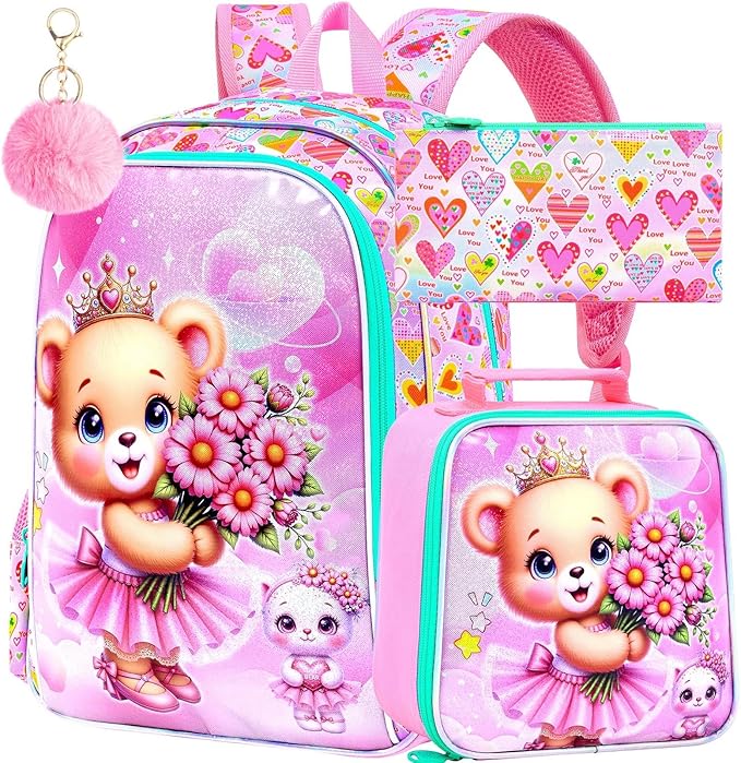 CCJPX 16" Bear Backpack for Girls, 3Pcs Kids Bookbag with Lunch Box, Water Resistant Elementary School Bag for Kindergarten Preschool Toddler (Pink)