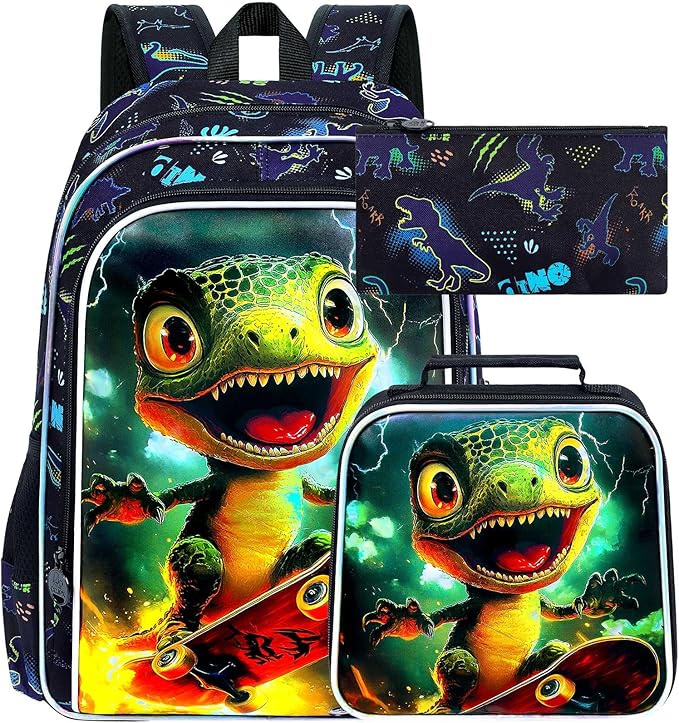 3Pcs Dinosaur Backpack for Boy, 16" Bookbag with Lunch Box, Kids School Backpacks for Elementary Preschool Kindergarten (Black)