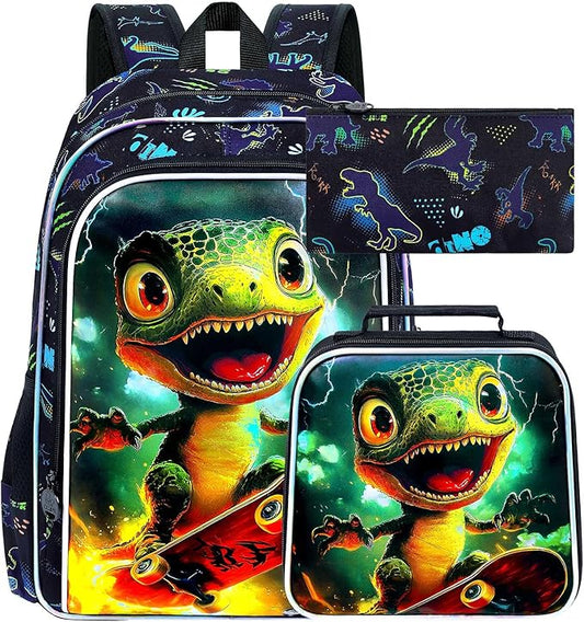 3Pcs Dinosaur Backpack for Boy, 16" Bookbag with Lunch Box, Kids School Backpacks for Elementary Preschool Kindergarten (Black)