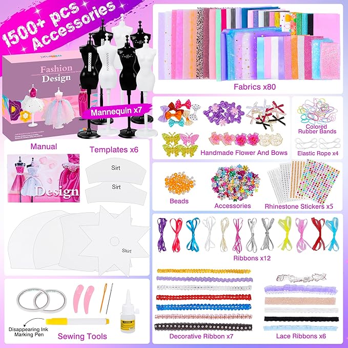 1500+Pcs Fashion Designer Kit for Girls, Sewing Kit with 7 Mannequins, DIY Arts and Crafts Kit for Kids, Doll Clothes Making Kit, Girl Toys for Age 6 7 8 9 10 11 12 Year Old Gifts