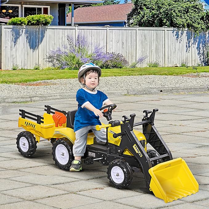 Aosom Kids Ride-On Excavator, Pedal Car Bulldozer, Move Forward/Back with Real Working Dirt Bucket, 6 Wheels, & Cargo Trailer