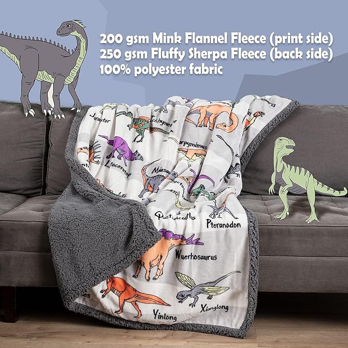 Alphabet Dinosaur Blanket - 50x60 inch Plush Mink & Sherpa Fleece Dinosaur Throw Blankets - Adorable Dino Blanket for Boys or Girls, with 26 Dinos A-Through-Z