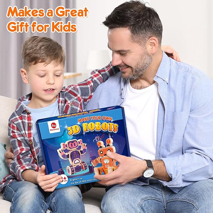 Mocoosy Wooden Robot Painting Art and Craft Kit for Kids Ages 3-5, Build & Decorate Your Own Robots with Paint & Stickers, Wood Robot STEM Game Montessoi Toys Educational Gift for Boys Girls