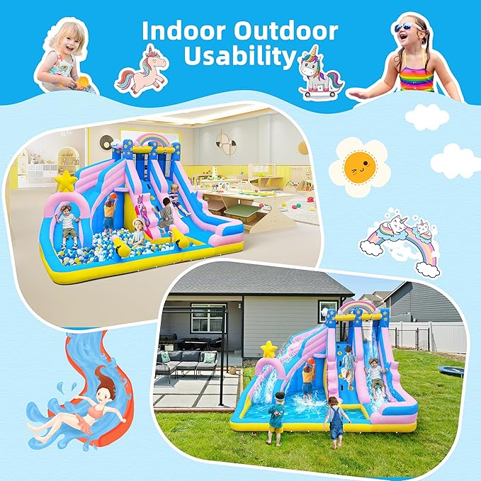 TOAOB Inflatable Water Slide: 6 in 1 Bounce House Water Park for Kids - Climbing Wall Splash Pool 2 Water Cannon 2 Slide Basketball Rim - 550W Blower - for Outdoor Backyard Birthday Party