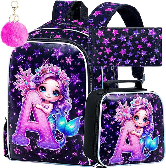 CCJPX 16" Mermaid Backpack for Girls, 3Pcs Kids Bookbag with Lunch Box, Water Resistant Elementary School Bag for Kindergarten Preschool Toddler (Black)