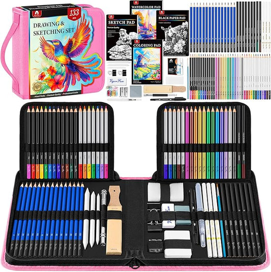 133 PCS Art Supplies Sketching Kit, Pro Drawing Pencils with Sketchbook, Coloring Book, Watercolor Pad, Black Paper Pad, Colored Graphite Charcoal Watercolor & Metallic Pencils for Artists Adults Kids