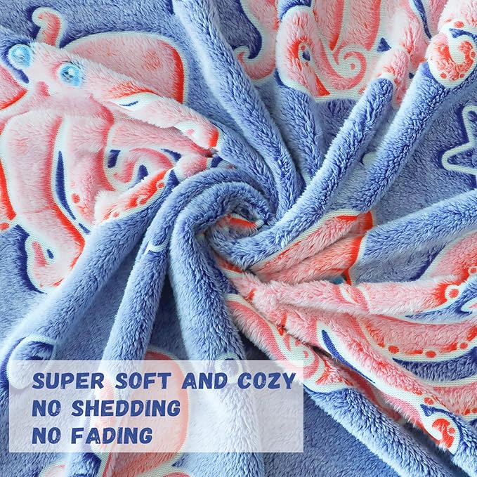 Octopus Twin Blanket for Couch & Bed - Glow in The Dark Ocean Blanket Soft Octopus Gifts for Kids, Blue Sea Animal Fleece Throw for Home Decor Christmas Birthday Present 60"x80"