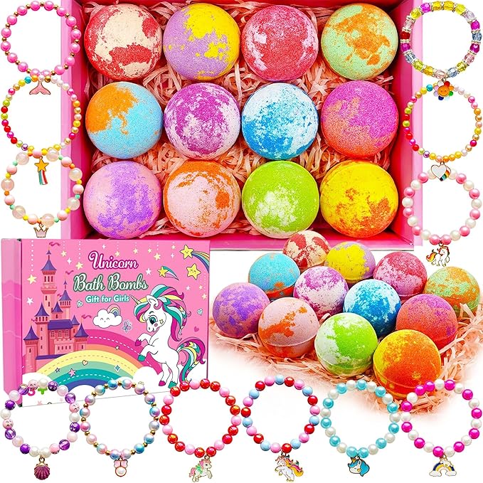 Unicorn Bath Bombs for Kids Girls 3 4 5 6 7 8 Years Old Birthday Gift for Girls Bath Bombs with Toys Surprise Jewelry Inside for Kids Toddler Girl Birthday Christmas Gifts Easter Basket Stuffers