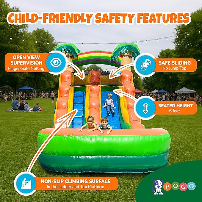 Pogo Bounce House Inflatable Water Slide for Kids & Toddlers with Inflatable Pool, Backyard, Park Commercial Use, Outdoor Water Play, Includes Blower Stakes, Splash Pool & Storage Bag, 21' x 9' - 12'