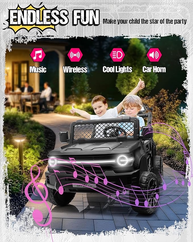 24V Ride on Toys for Big Kids, 2 Seater Electric Car w/22'' Large Seat, Remote Control, Shovel, 4X200W Engines, 4WD/2WD Switchable, Truck Bed Storage, Ride On Truck Toy for Boy Girl, Black