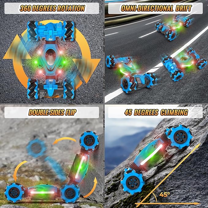 Pristar RC Car Toys for Boys Girls 6-12, Gesture Sensing RC Stunt Car 2.4Ghz 4WD Remote Control Car with Lights Music Double Sided Flip 360° Rotate Off-Road, Birthday Xmas Gifts for Kids Aged 6-12