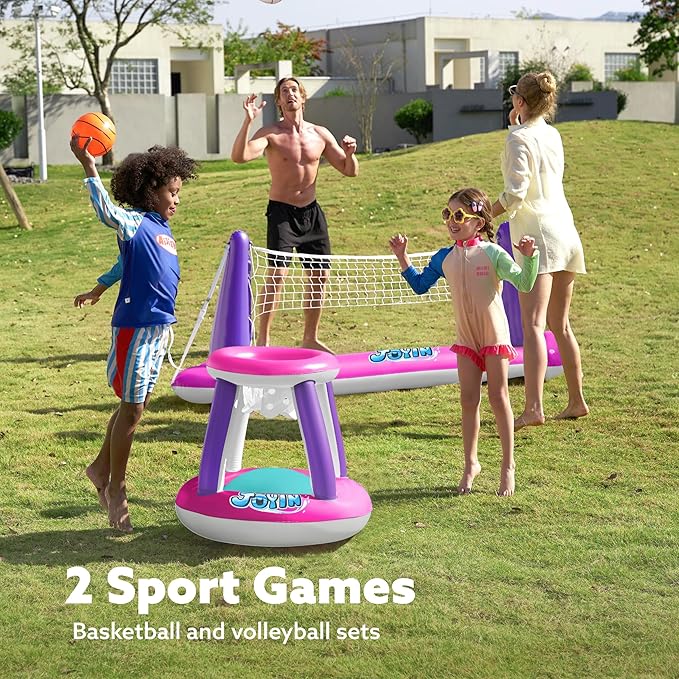 JOYIN Inflatable Pool Float Set Volleyball Net & Basketball Hoops, Floating Swimming Game Toy Floaties for Kids and Adults Volleyball Court (105”x28”x35”)|Basketball (27”x23”x27”),L-Pink Purple