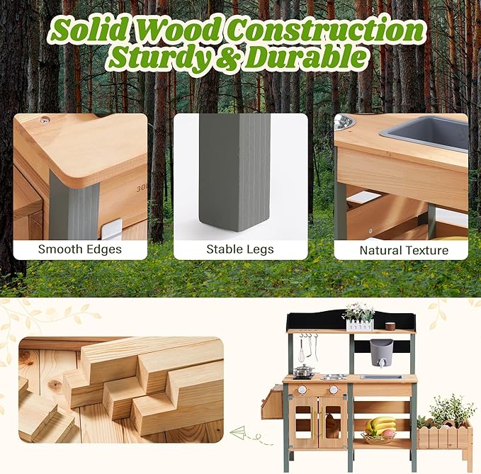ROBOTIME Mud Kitchen for Kids Outdoor, Wood Outdoor Kitchen with Insect Observation Box & Planter Box, Toddler Play Kitchen with Removable Sink & Faucet, Pretend Outdoor Playset for Garden Fun