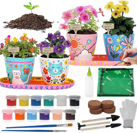 Paint & Plant Flower Gardening Kit with 4 Pots - Kids Gardening Set Ages 8-12, Spring Arts & Crafts Activities Kits, Educational Birthday/Easter Gifts for Boys & Girls Ages 5 6 7 9 10 11