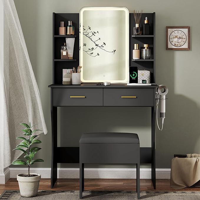 Small Vanity Desk with Mirror and Lights, Makeup Vanity Table Set with 3 Lighting Modes & Adjustable Brightness, Power Outlet, Storage Drawers, Cushioned Stool, Dressing Table for Women Girls