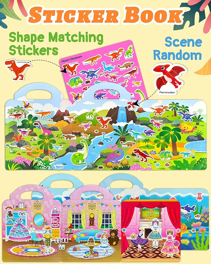 Benresive Reusable Sticker Book for Toddlers 2-4 Years, 3 Sets Travel Stickers for Kids, Waterproof Sticker Books for Toddlers 1-3, Crafts Activities for Todddlers 1-3 2-4 3-5