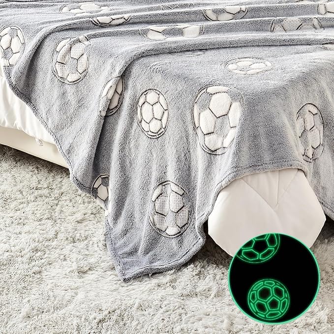 Wajade Soccer Gifts Toys for Boys Girls - Glow in The Dark Soccer Blanket Birthday Christmas Decor for Kids Age 3 4 5 6 7 8 9 10 11 12 Years Old Teens Child Toddler Throw Light Grey 50"x60"