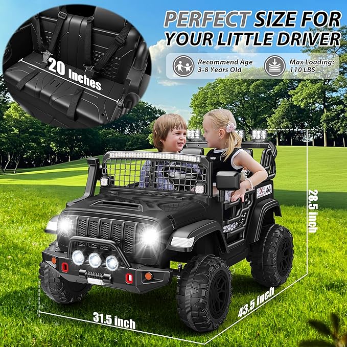 Hikole 24V 2 Seater Electric Ride on Toys Car for Kids 4-8, Remote Control, 2X200W Powered Wheels, 20'' Wide Seats, Sping Suspension, Bluetooth & Music, 110LBS MAX Load, LED Lights, 3 Speeds, Black