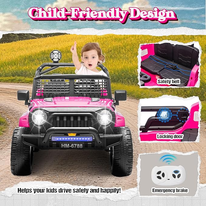 2 Seater Ride on Car for Kids, 24V Electric Power Ride on Truck Toy with Remote Control, 200W Motor, LED Lights, Music, 3 Speed, 4 Wheel Suspension Spring, Soft Start, Safety Belt