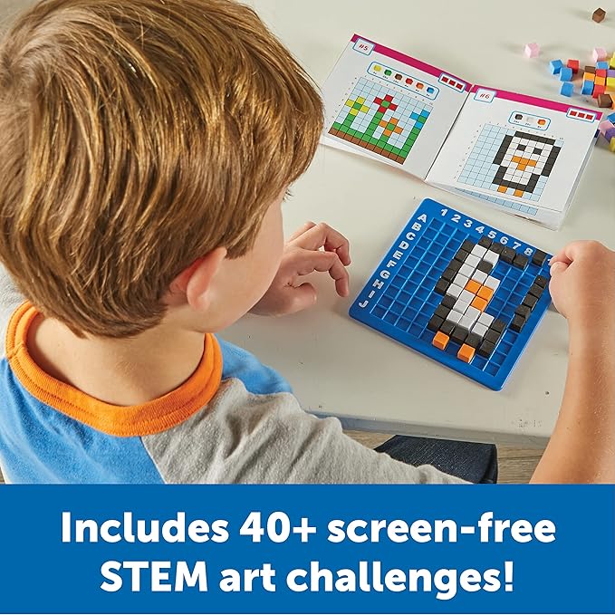 Learning Resources STEM Explorers Pixel Art Challenge - Math Puzzles, Pattern Blocks, Sensory Bin, Arts and Crafts, Math Manipulatives, Building Toys, Montessori