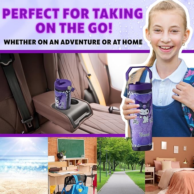 Get Trend Hello Kitty Sanrio Tumbler Stainless Steel with Straw 30oz Girls Teens Insulated Cup with Lids, Kuromi Travel Mug, Kawaii Gifts for Girls (Purple Kuromi)
