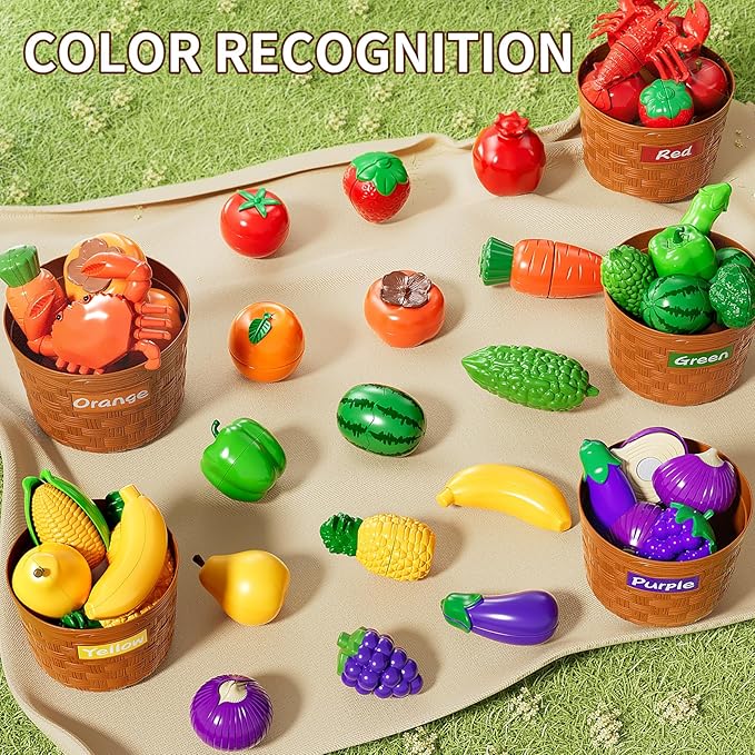 Play Food Set for Kids, Toddler Learning Toys, Cutting Food Toy Color Sorting Set, Pretend Food Play Kitchen Accessories for Kids, Birthday Gifts for 3-8 Years old Boys Girls Educational Toys