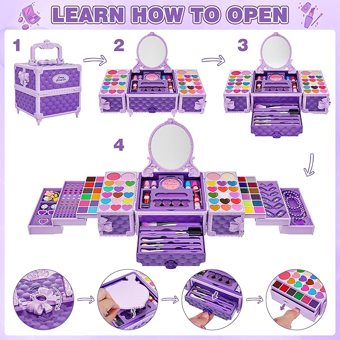 99 Pcs Kids Makeup Kit for Girls, Princess Toys Real Washable Cosmetics Set with Mirror, Hair Ties, Nails, Rings, Earrings, Necklace, Perfect for 3 4 5 6 7 8 Year Old Girls Birthday