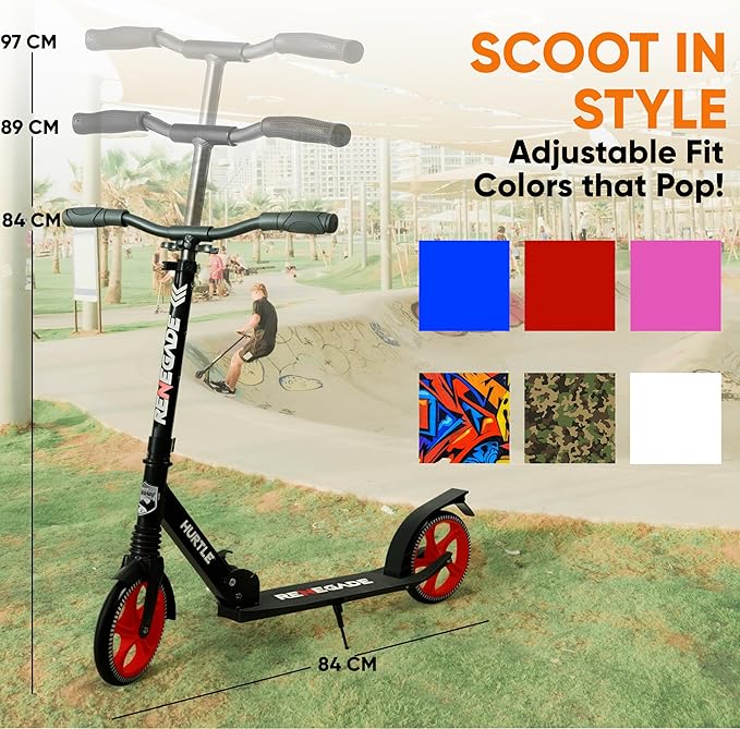 Hurtle Renegade Kick Scooter for Kids, Teenagers & Adults - 2-Wheel Folding Scooter with Adjustable T-Bar Handlebar - Alloy Anti-Slip Deck