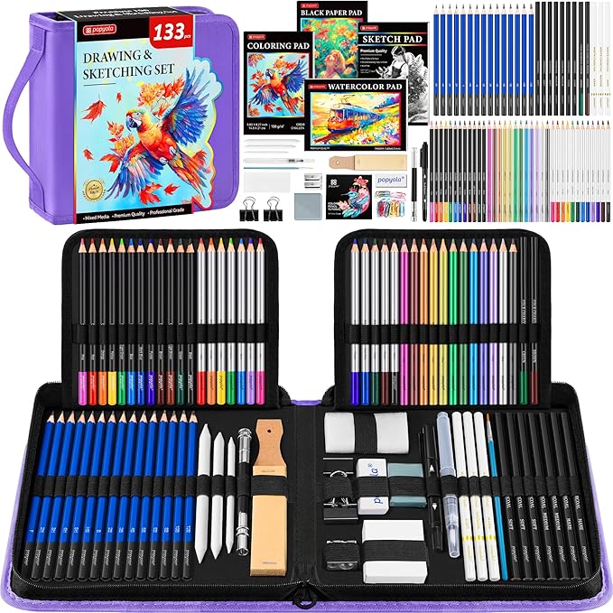 133 Pack Drawing Set Sketching Kit, Pro Art Supplies with Sketch Book, Coloring Book, Watercolor Pad, Black Paper Pad, Graphite Colored Charcoal Watercolor & Metallic Pencils, for Artists Adults Kids