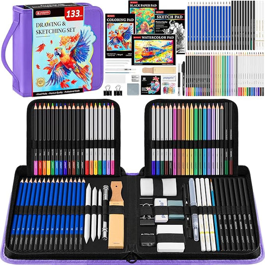 133 Pack Drawing Set Sketching Kit, Pro Art Supplies with Sketch Book, Coloring Book, Watercolor Pad, Black Paper Pad, Graphite Colored Charcoal Watercolor & Metallic Pencils, for Artists Adults Kids