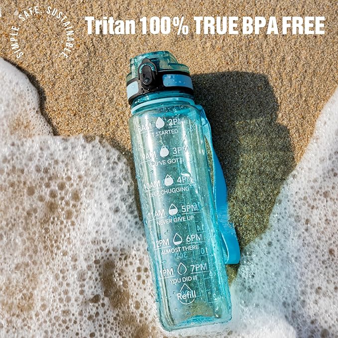 OLDLEY Water Bottle, 32oz Motivational Sports Water Bottle with Time Marker - Times to Drink - Tritan, BPA Free, Wide Mouth Leakproof,Surfer (1 Bottle)