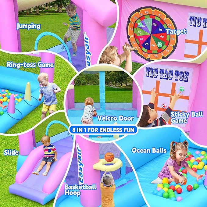 Inflatable Bounce House for Kids 3-10, 123" L x 110" Bouncy Castle, Jumping, Slide, Basketball Hoop, Ball Pits, Rings, Target Game Blower Included