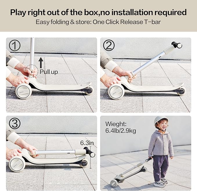 Kids Kick Scooter with Front Wheel Adjustable Steering Angle Control System, 3 Wheel Scooter for Kids Ages 3-18, Max 220 lbs 35.4" T-bar, One-Piece Brake, 3 LED Light Wheels, Scooter for Teens Adults