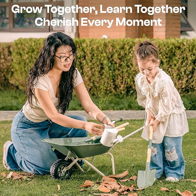 ROBOTIME Kids Wheelbarrow with Gardening Set – Metal Wheelbarrow Toddler Outdoor Play Toy with Garden Tools, Watering Can & Plant Labels, Pretend Play Yard Equipment for Boys and Girls (Green)