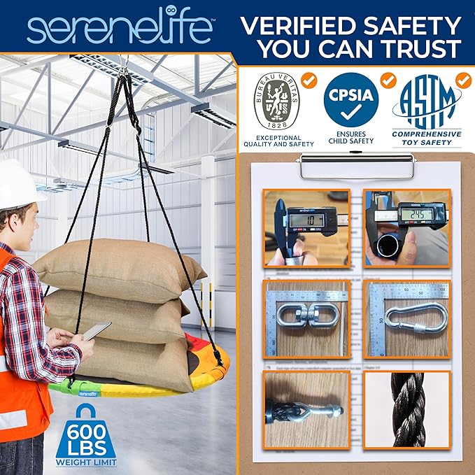 SereneLife 40" Saucer Swing - Outdoor Swing Set with Universal Hanging Kit, Swinging Seat Spinner with Pillow & Carry Bag, Weatherproof, Water-Resistant, Supports Up to 700 lbs, Rainbow