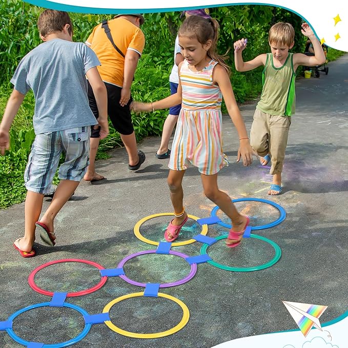 Liliful 3 Set Hopscotch Ring Game Multicolored Hopscotch Squares Triangle Set and Connectors Outdoor Game Obstacle Course for Indoor Outdoor Playground Girls Boys Kids Balance Agility Training