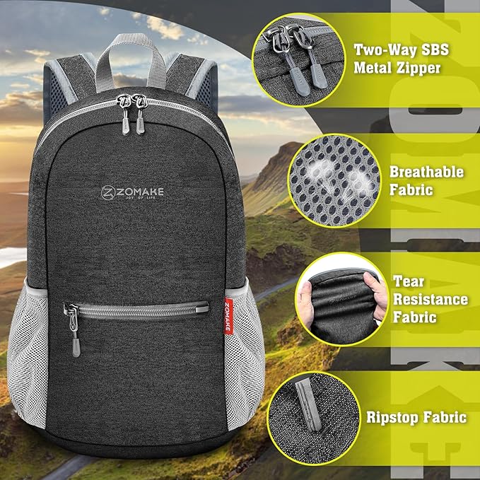 ZOMAKE 10L Lightweight Packable Hiking Backpack, Small Travel Hiking Daypack for Women Men Tear Resistant Foldable Day Pack for Camping Outdoor Sports(Black)
