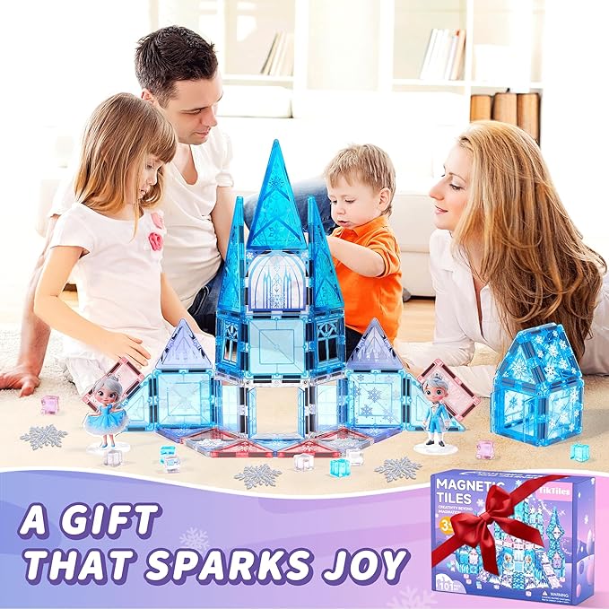 Magnetic Tiles Building Toys Set with 2 Dolls, Princess Castle Magnetic Blocks for Kids Ages 3-5 4-8, STEM Educational Sensory Magnet Toys Birthday Gifts for Toddlers Girls Boys
