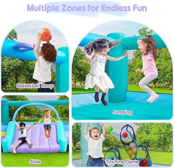 Large Bounce House for Big Kids, 14.8 x 14.5 FT Inflatable Bouncer Jumper Slide with 650W Blower, Basketball Hoop, Throw Ball Game, Ball Pits