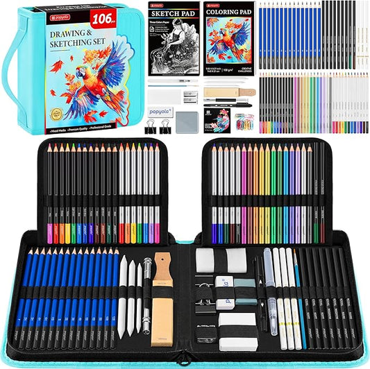 106 Pack Drawing Set Sketching Kit, Pro Art Supplies with 3-Color Sketchbook, Coloring Book, Graphite Colored Charcoal Watercolor & Metallic Pencils, Drawing Supplies Gift Case for Artists Adults Kids