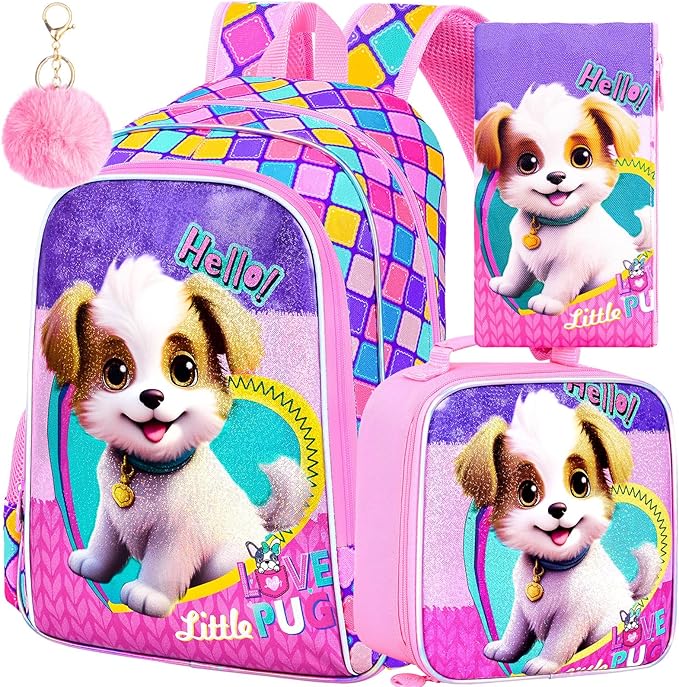 CCJPX 3PCS Kids Backpack for Girls, 16”Dog School Bookbag Set, Cute Water Resistant Elementary School Bag for Preschool Kindergarten Toddler