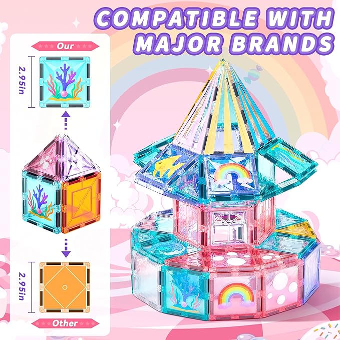 Magnetic Tiles Unicorn Building Toys Set with 4 Dolls, Princess Magnetic Blocks for Kids Ages 3-5 4-8, STEM Educational Sensory Magnet Toys Birthday Gifts for Toddlers Girls Boys