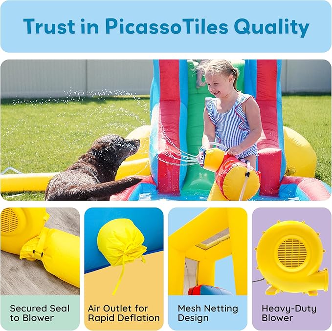 PicassoTiles KC108 Water Slide Park Inflatable Bouncing House w/Pool Area (Splash Zone), Climbing Wall, Shower Head Sprays Mounts, Water Cannon Mount and Heavy Duty GFCI ETL Certified 385W Blower