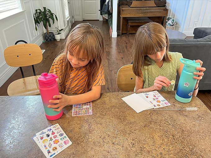 mininoo Kids Water Bottle for School, 16oz Stainless Steel Insulated Water Bottle Kids with Straw Lid for Girls, Boys (Sky/Blue)