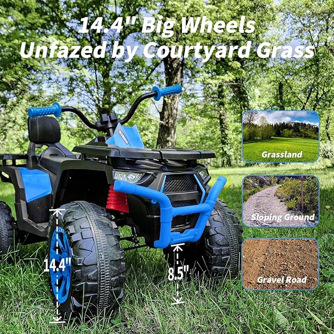 12V Kids 4 Wheeler ATV, 2-Seater Electric ATV Four Wheeler for Big Kids with Bluetooth, 14.4" Big Wheels - Blue