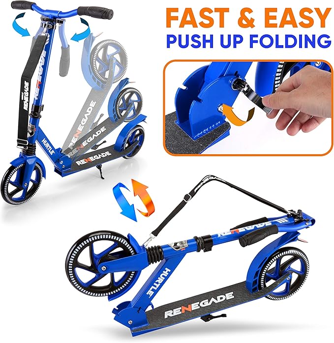 Hurtle Renegade Kick Scooter for Kids, Teenagers & Adults - 2-Wheel Folding Scooter with Adjustable T-Bar Handlebar - Alloy Anti-Slip Deck