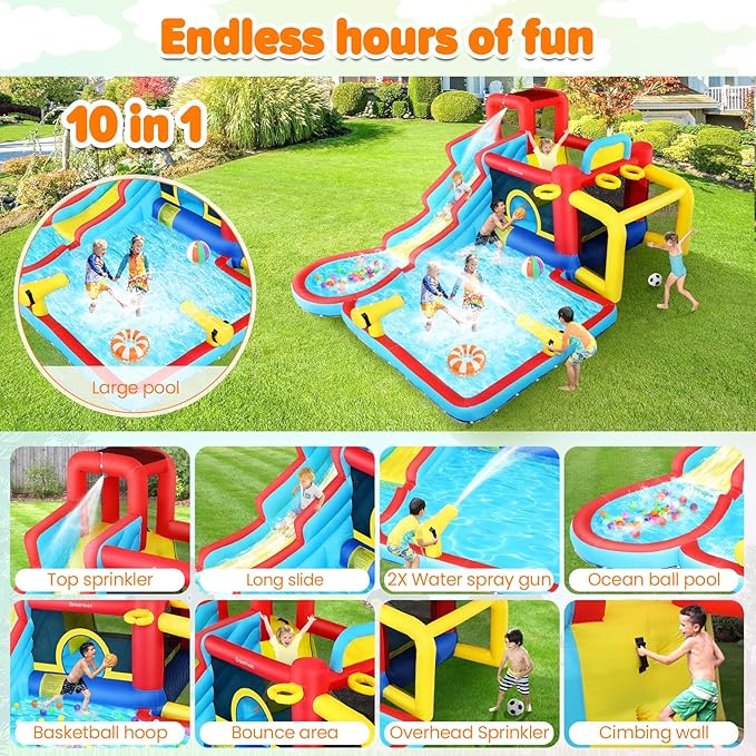 WHUBEFY Bounce House,Inflatable Water Slide Bounce Castle with Blower for Kids 3-12,Outdoor/Indoor Bouncy House Water Park for Backyard with 2 Splash Slides,Climbing Wall,Ball Pit,Jumping Area